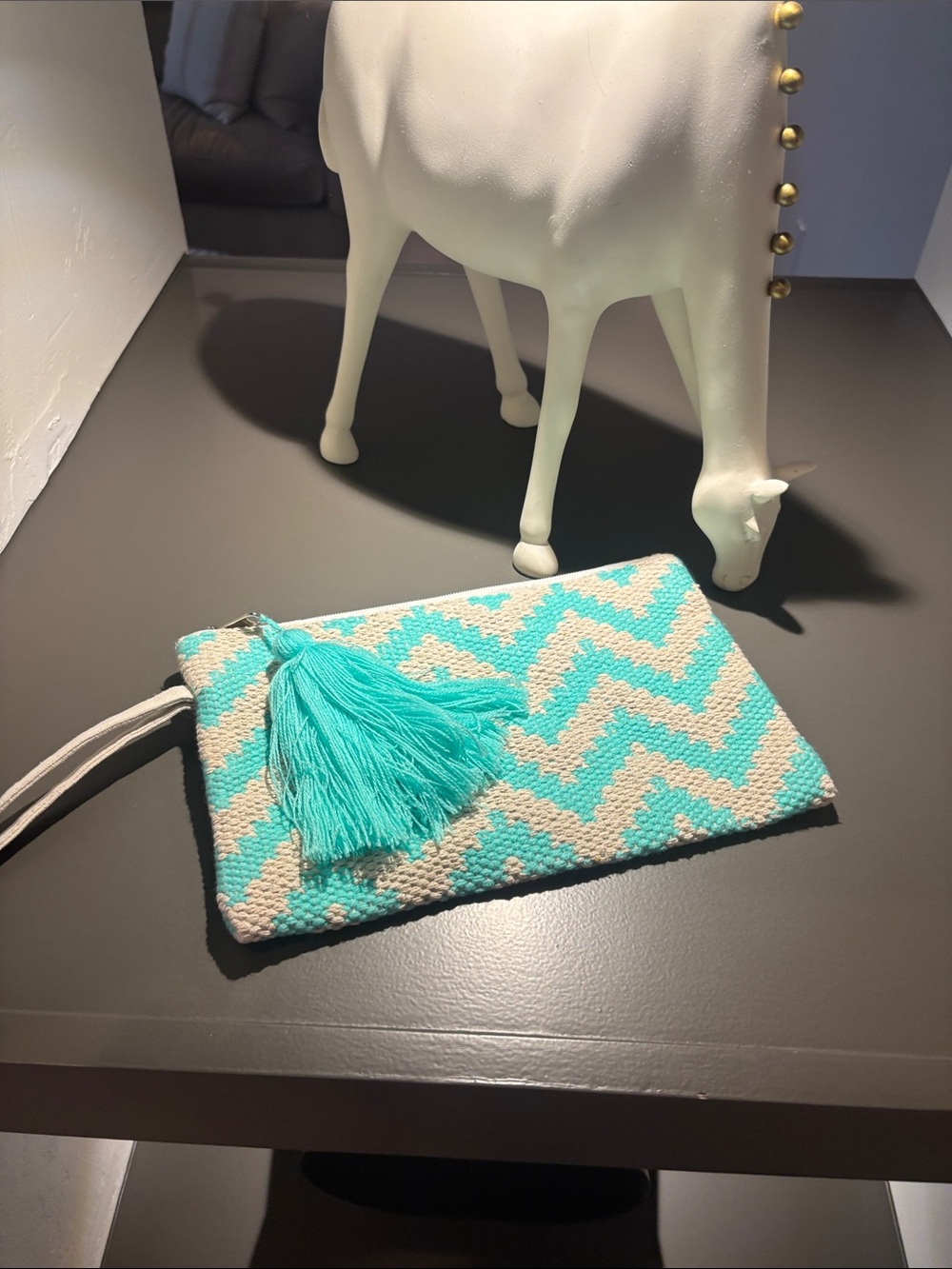 Chevron Tassel Wristlet Clutch in Aqua and Cream